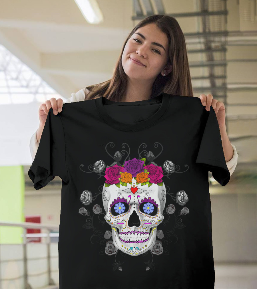 Day Of The Dead Sugar Skull Muertos Floral Roses Colorful T-Shirt