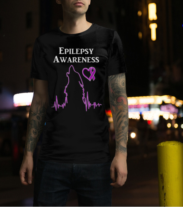 Epilepsy Awareness You Are Not A Lone Wolf Heart Ribbon Wolf EKG T-Shirt