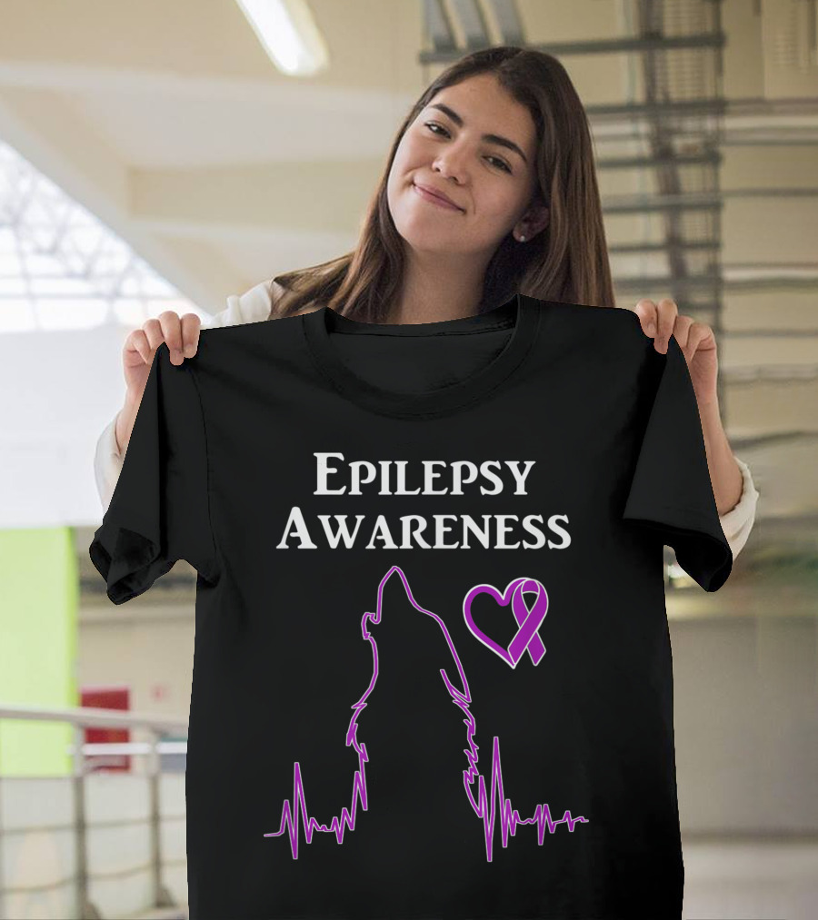 Epilepsy Awareness You Are Not a Lone Wolf Heart Ribbon Wolf EKG T-Shirt