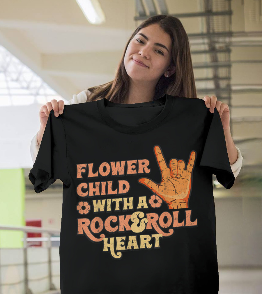 Flower Child With a Rock and Roll Heart Hand Sign Vintage 70s T-Shirt