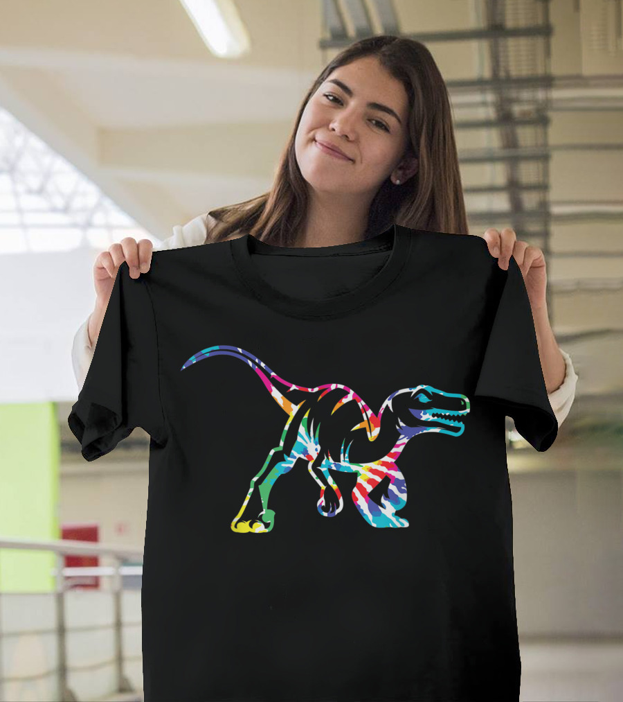 Fun Hippie Rainbow Tie Dye Dinosaur Raptor T-Shirt