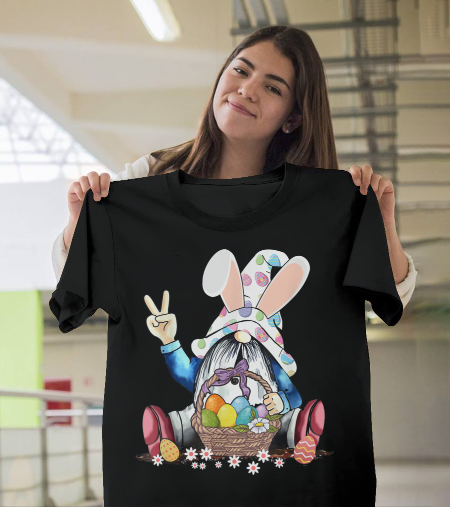 Bunny Hat Peace Sign Gnome with Easter Egg Basket and Flowers T-Shirt