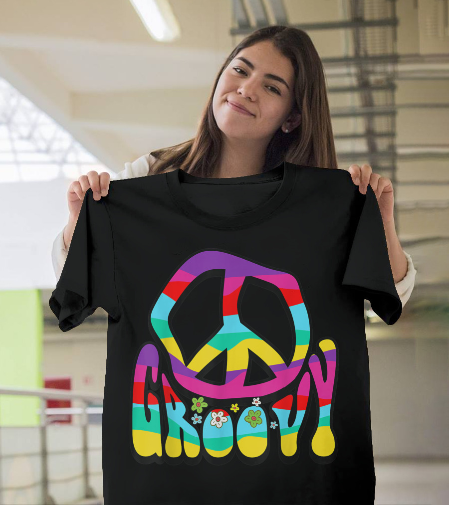 Groovy Hippie 60S 70S Peace Sign Symbol 1970S Flower Power Colorful Stripes and Flowers T-Shirt