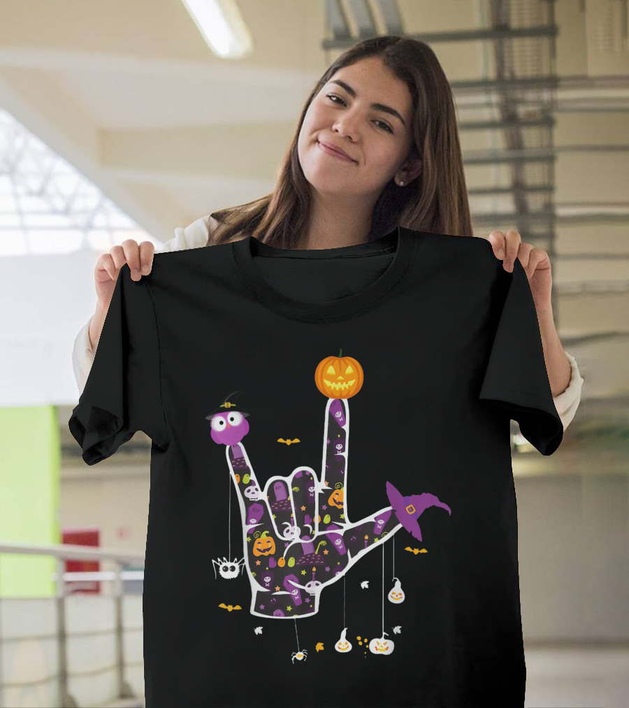 Hand ASL Witch Halloween Sign Language Pride Deaf Pumpkin T-Shirt