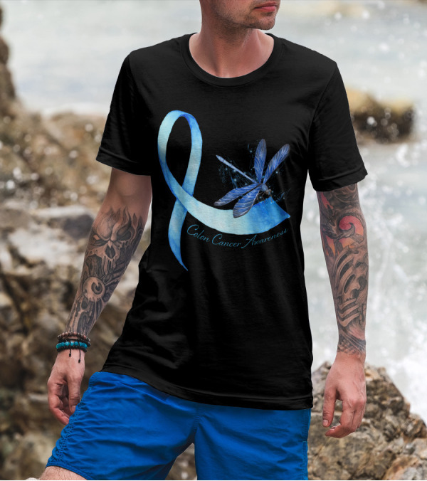 Hippie Dragonfly Blue Ribbon Colon Cancer Awareness T-Shirt