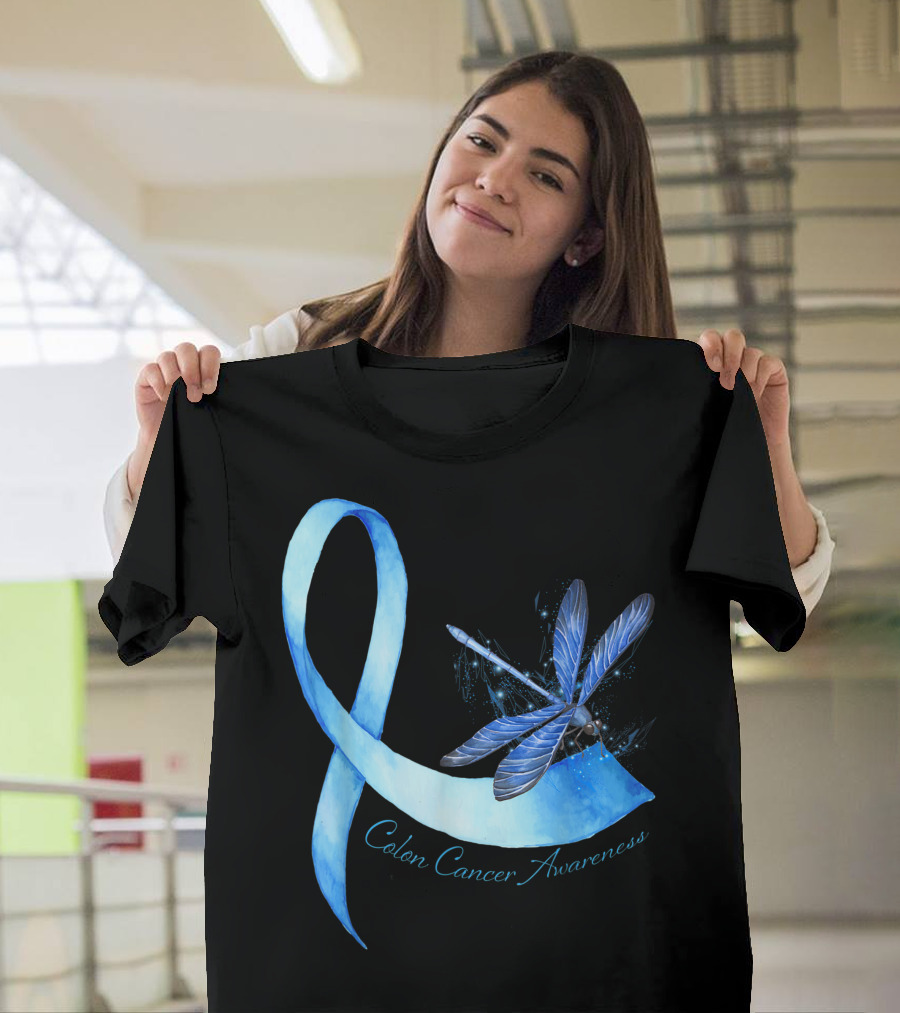 Hippie Dragonfly Blue Ribbon Colon Cancer Awareness T-Shirt