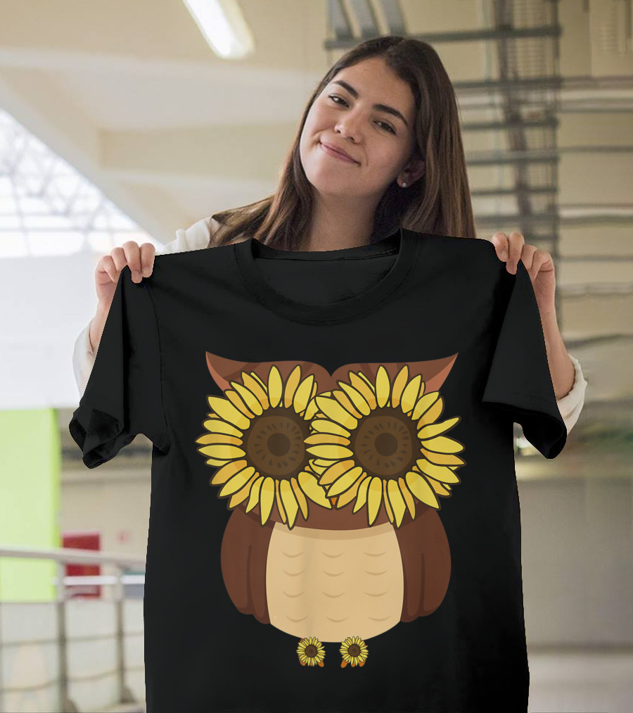 Hippie Owl with Sunflower Eyes and Floral Accents T-Shirt
