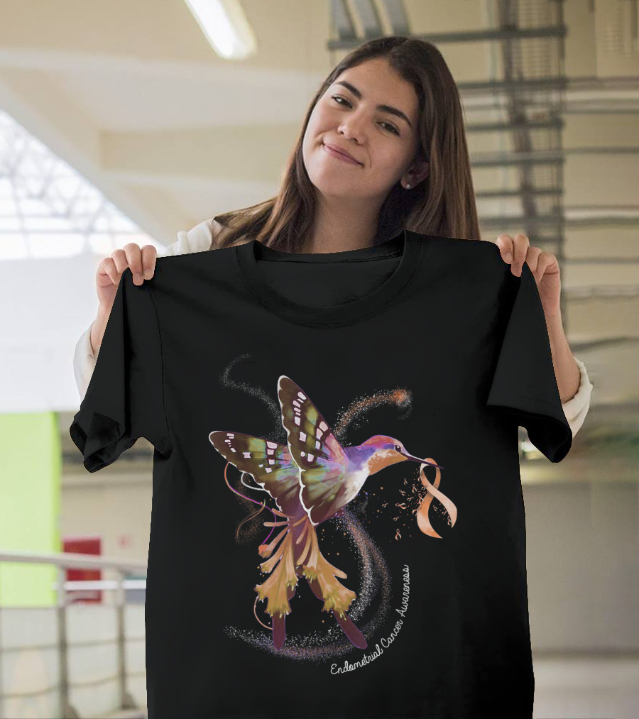 Hummingbird Peach Ribbon Endometrial Cancer Awareness 0Y T-Shirt