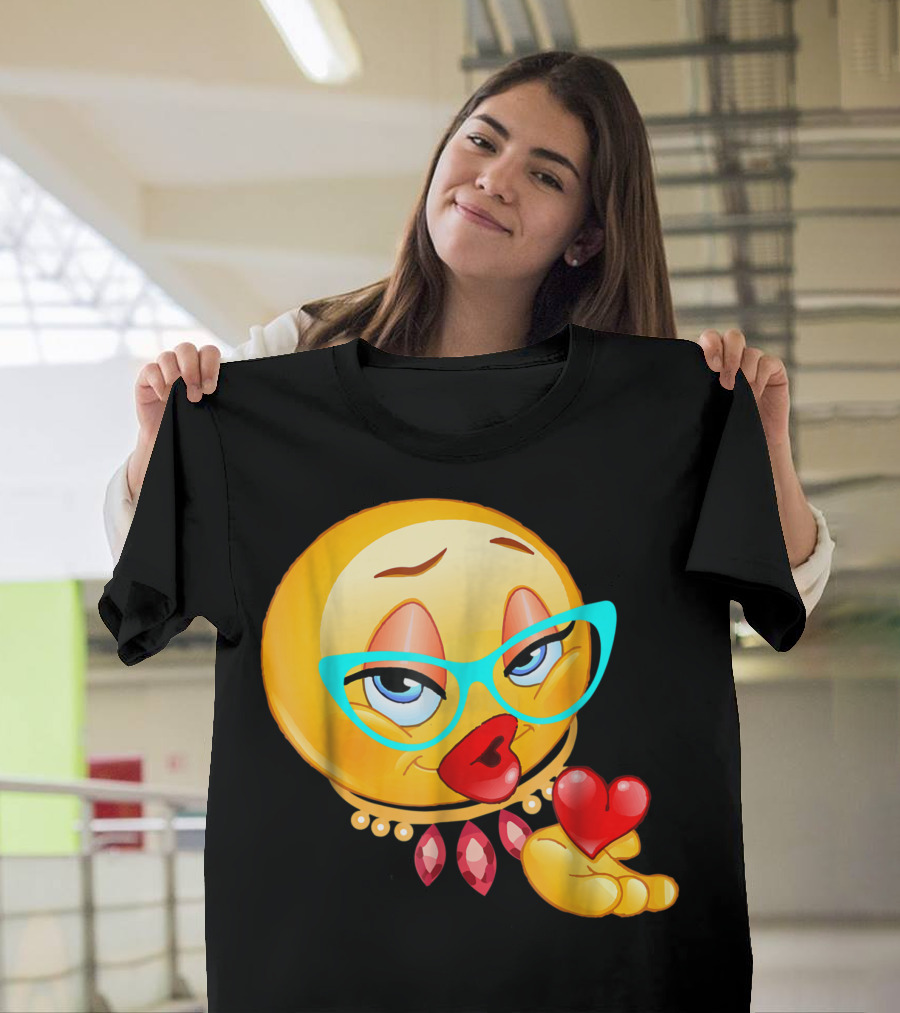 Lady Bling Emoji with Glasses and Heart Blow Kiss Emoticon T-Shirt