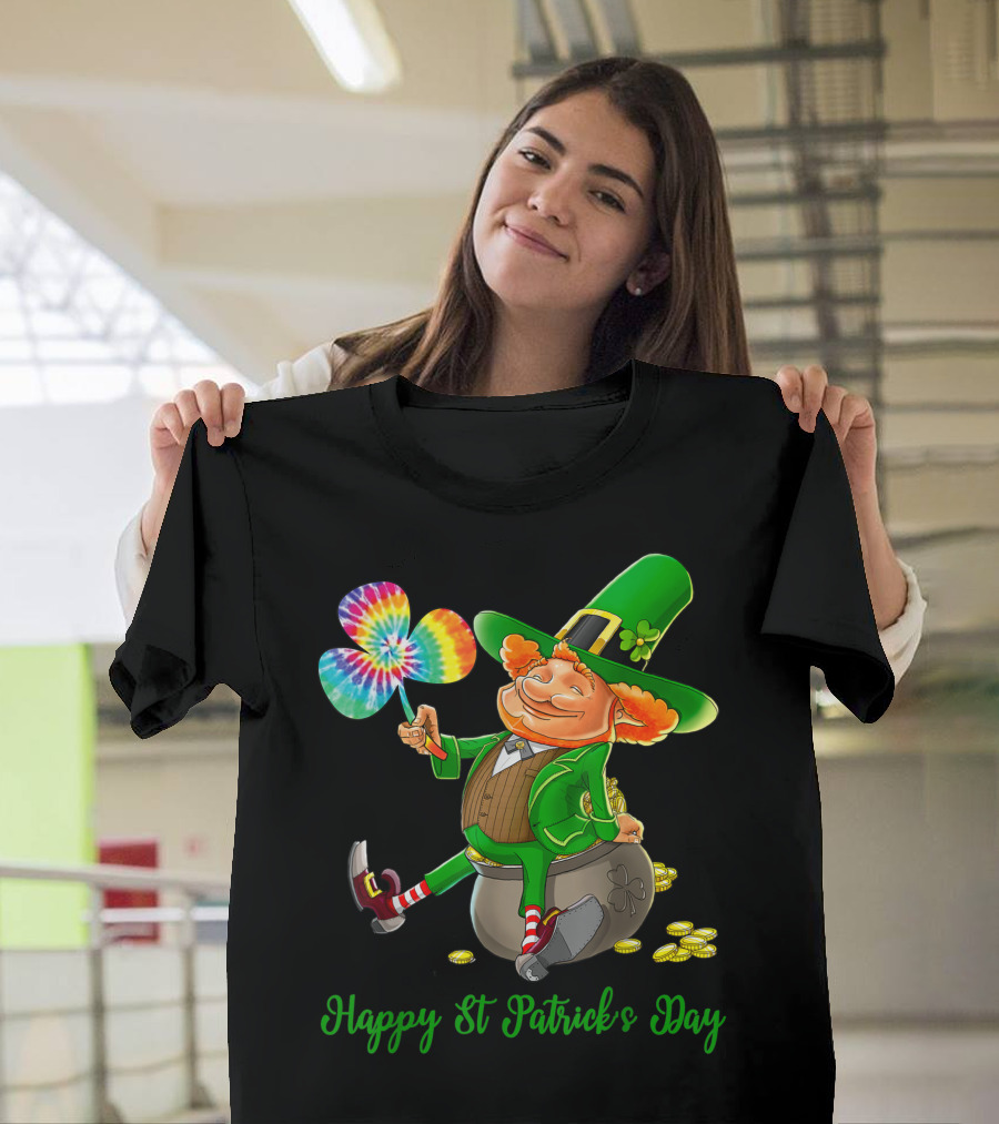 Happy St Patrick's Day Leprechaun with Tie Dye Shamrock T-Shirt