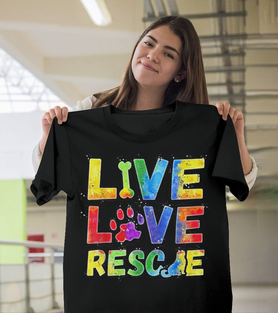 Live Love Rescue Colorful Paw Art for Dog Lovers T-Shirt