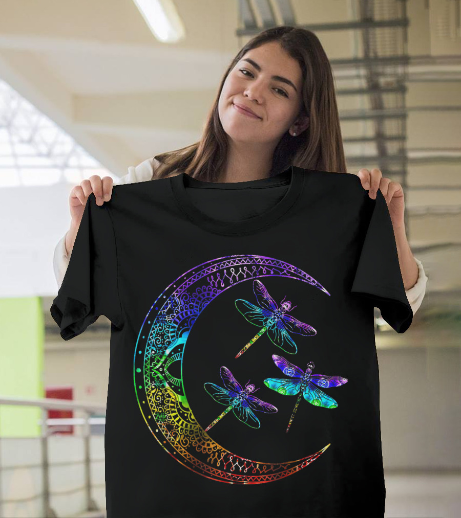 Mandala Crescent Moon with Colorful Dragonflies Chakra T-Shirt