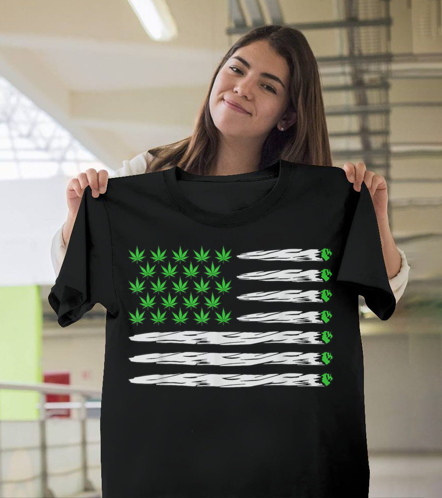 Cannabis Leaf Flag with Joint Stripes Marijuana 420 Weed Flower T-Shirt