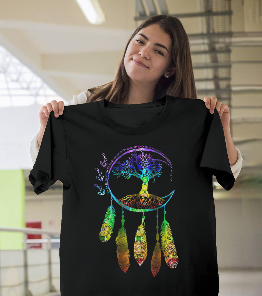Moon Dream Catcher Feathers Colorful Tree Of Life T-Shirt