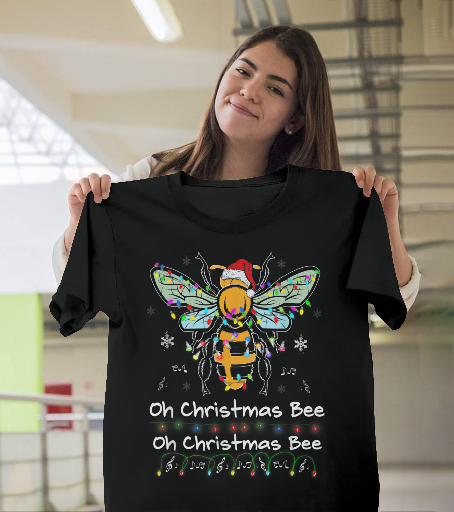 Oh Christmas Bee Santa Hat with Lights and Musical Notes T-Shirt