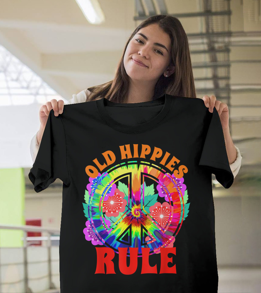 Old Hippies Rule Flower Peace Sign 60s 70s Bohemian Bright Tie-Dye T-Shirt
