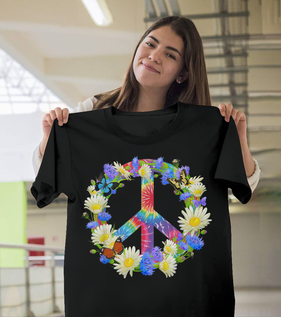 Peace In A World Where You Can Be Anything Be A Kind Tie-Dye Floral Peace Sign with Butterflies 3Z T-Shirt