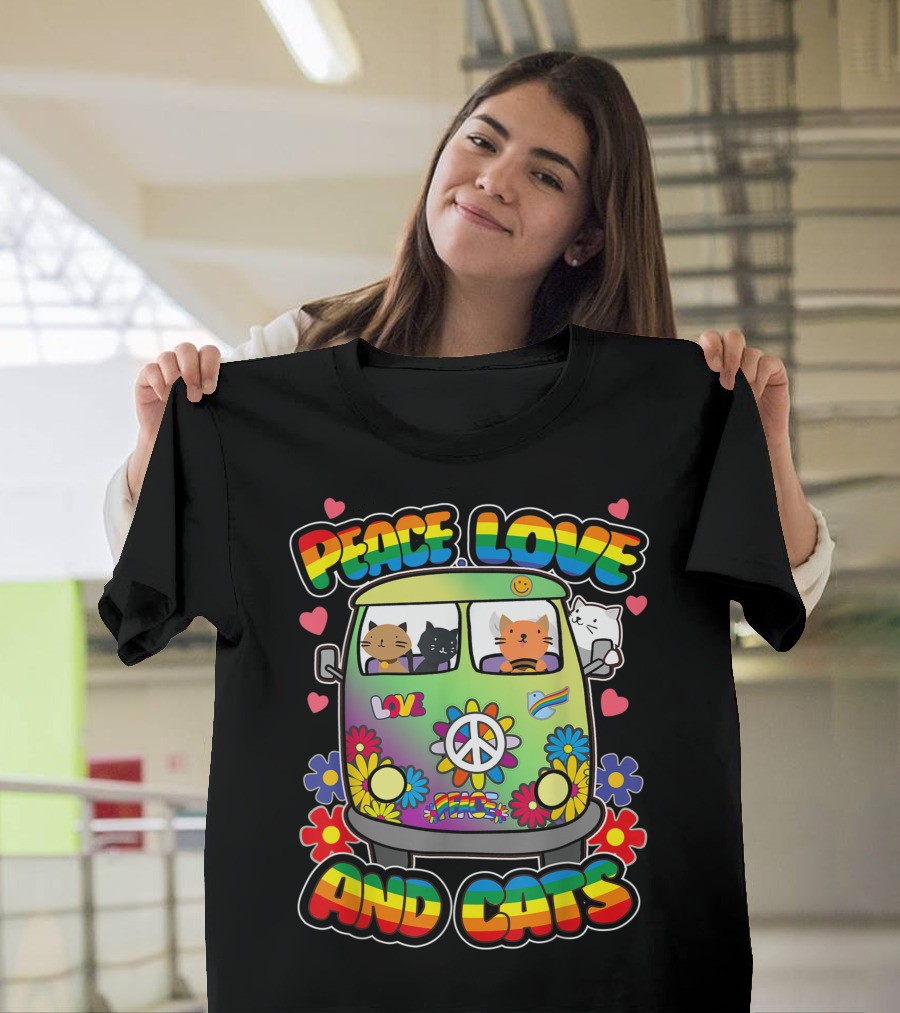 Peace Love And Cats Hippie Flower Power Groovy Van Rainbow T-Shirt
