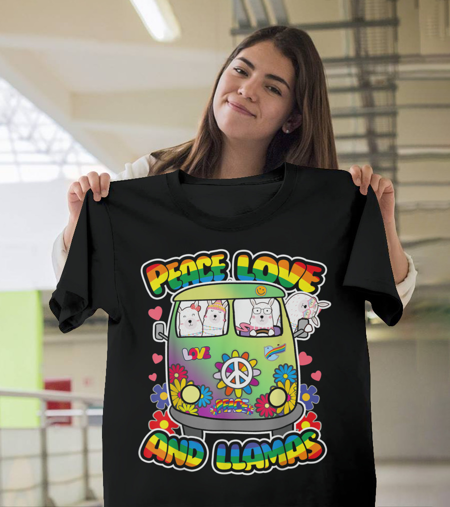Peace Love and Llamas Groovy Flower Power Hippie Bus T-Shirt