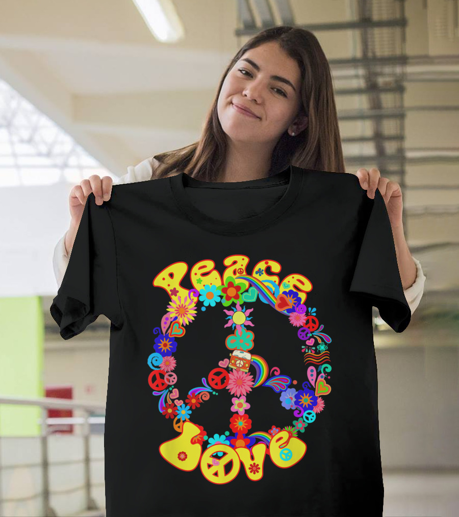 Peace Love Groovy 60s 70s Hippie Ad Rainbow Flowers Peace Sign T-Shirt
