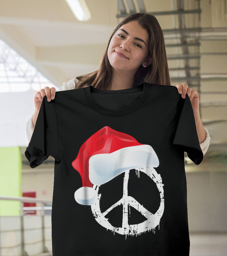 Peace Sign Vintage Distressed Symbol Hippie Santa Hat Holiday T-Shirt