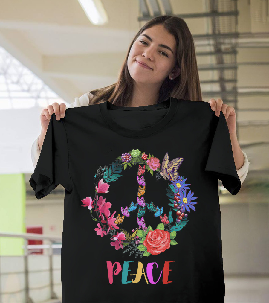 Peace Sign Spring Flowers Butterfly Hippie Vibrant Colors T-Shirt