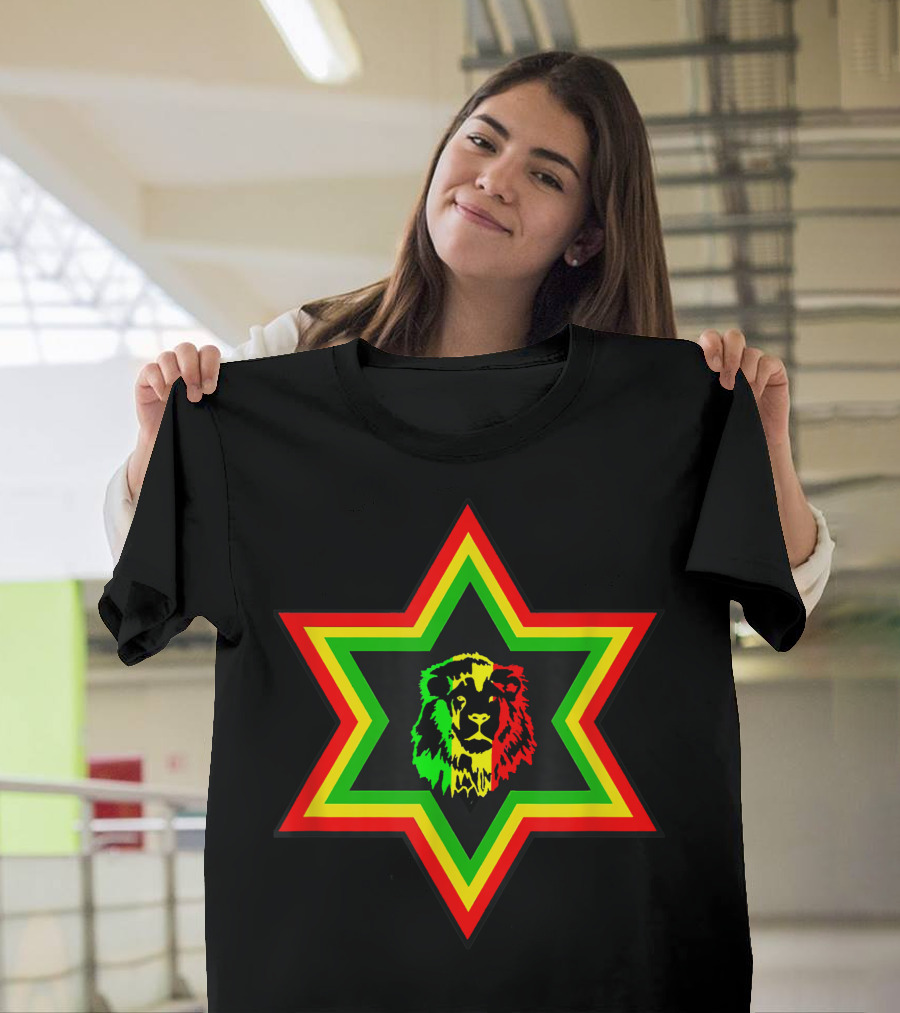 Rasta Lion of Judah in Star of David with Red Yellow Green Colors T-Shirt
