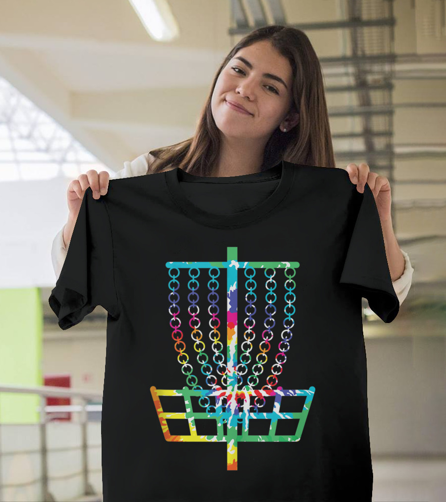 Retro Tie Dye Disc Golf Basket Rainbow Hippie Disc Golfer T-Shirt