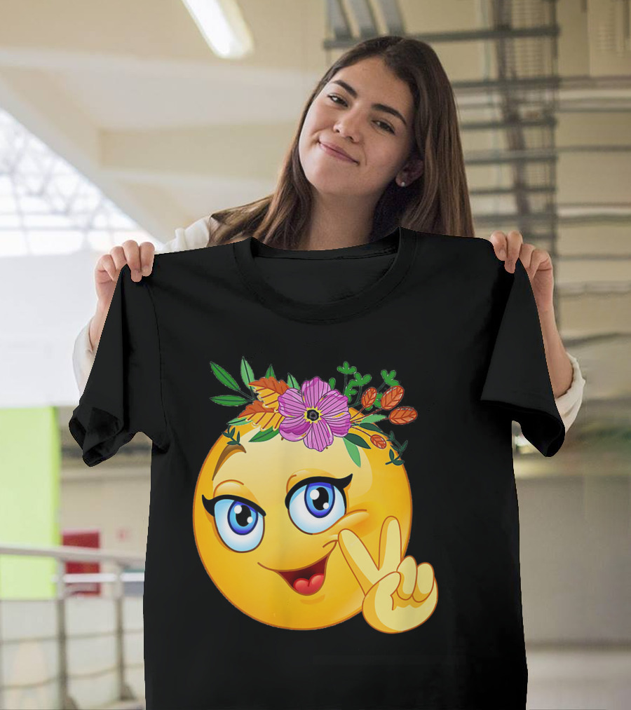 Smiley Hippie Flower Power Crown Peace Emoji Girls Trend T-Shirt