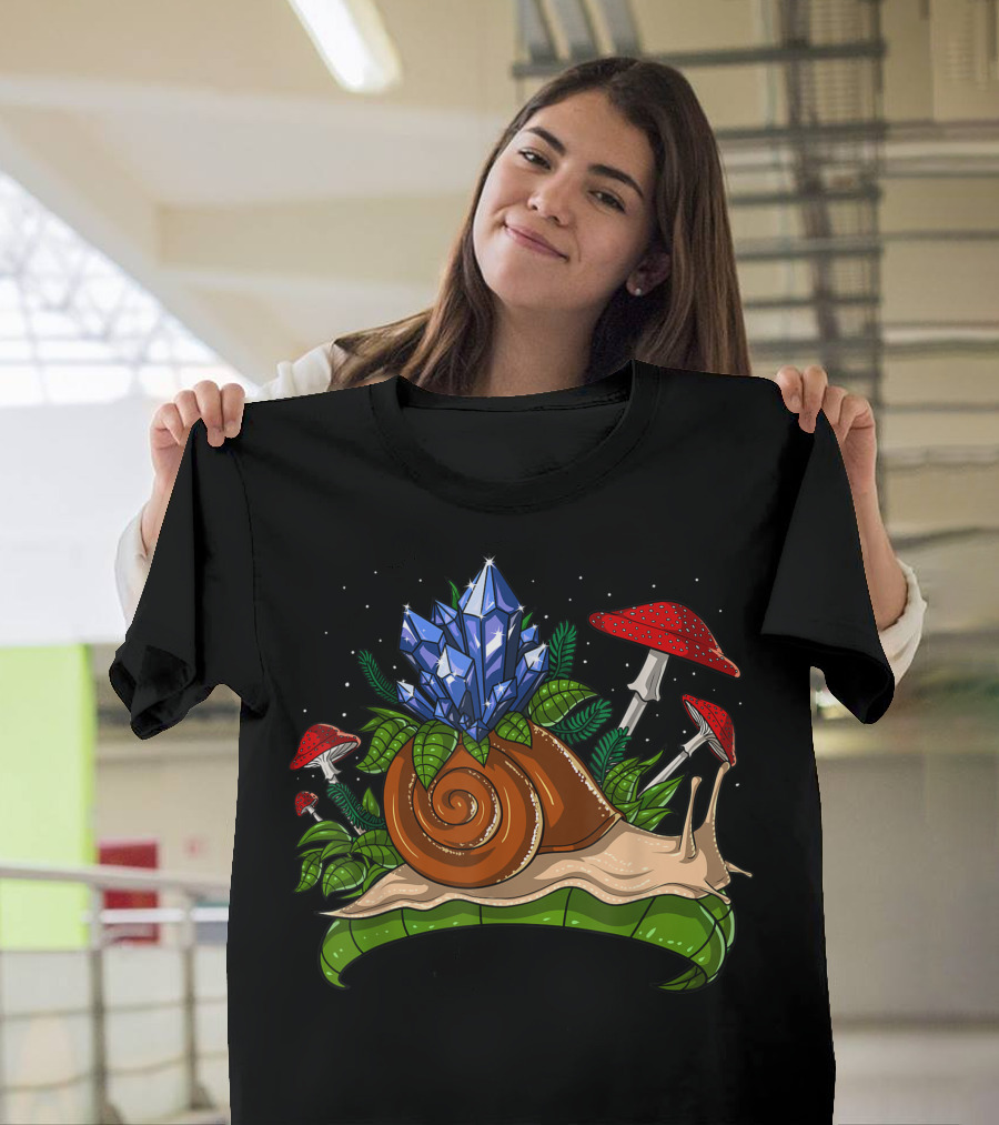 Snail Crystals Forest Nature Mushrooms Fungi Botany Fantasy Scene T-Shirt