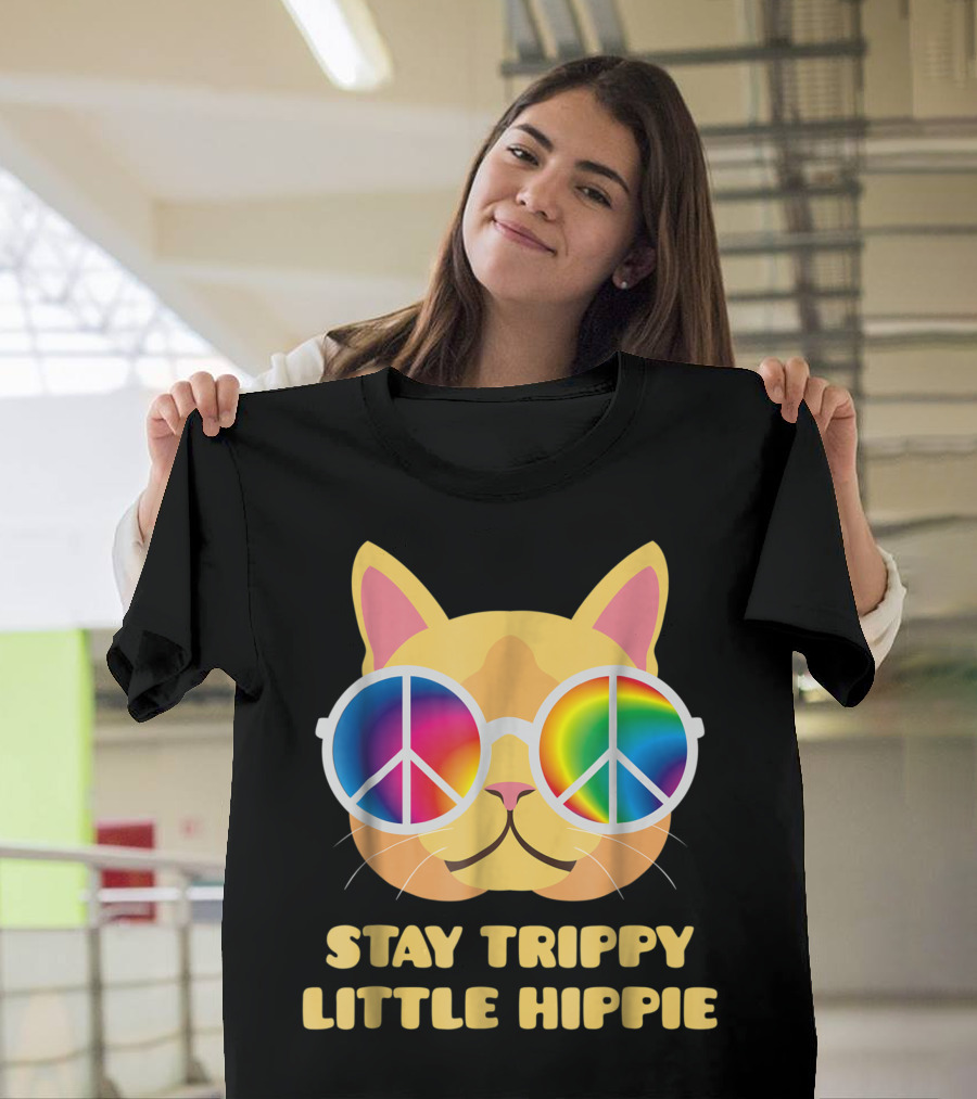 Stay Trippy Little Hippie Cat with Vintage Rainbow Peace Sign Glasses T-Shirt