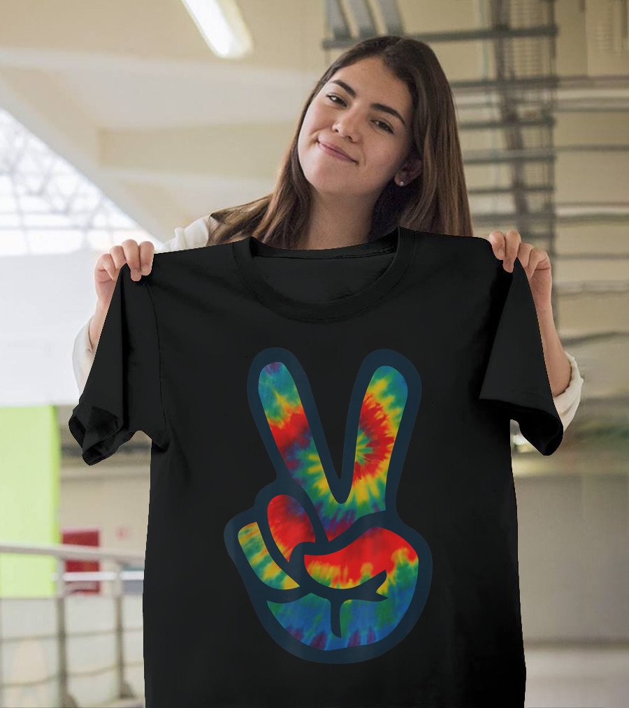 Tie Dye Peace Sign Hand Hippies V 9P Rainbow T-Shirt