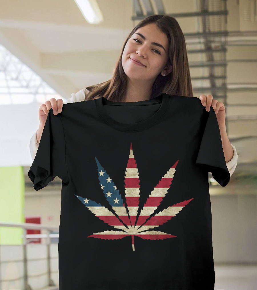 Usa Flag Marijuana Leaf Weed Pot Us Flag T-Shirt