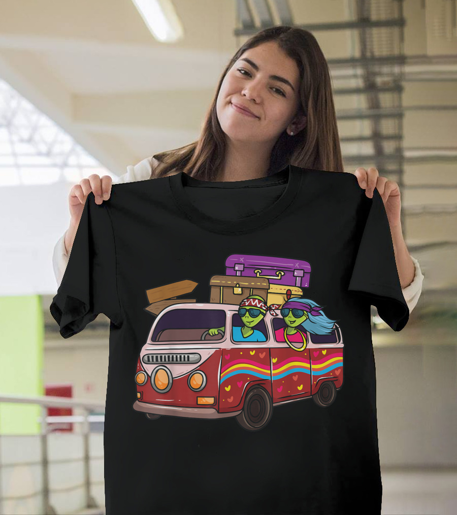Hippie Van Journey with Flower Power Aliens Peace Sign T-Shirt