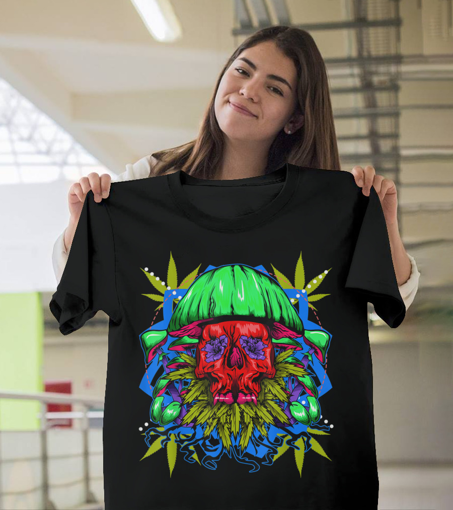 Weed Marijuana Magic Mushroom Colorful Skull T-Shirt