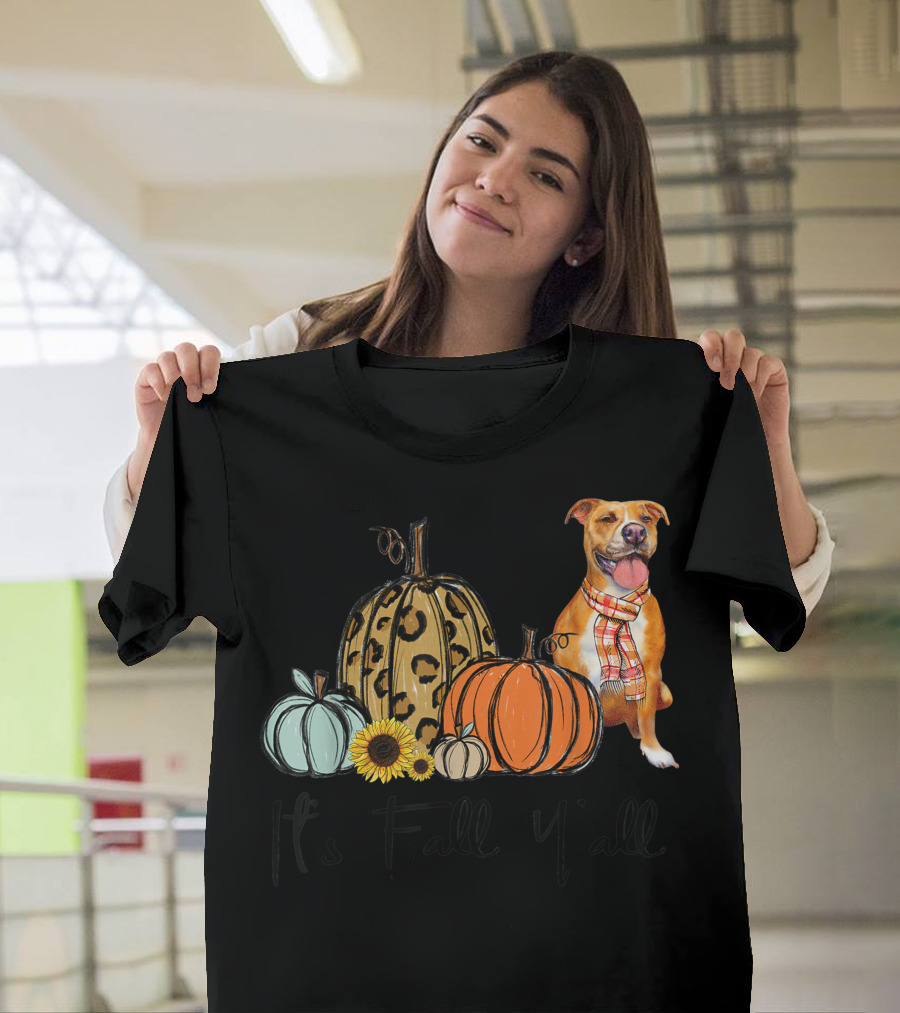 Its Fall Yall Leopard Pumpkin Yellow Pitbull Dog Autumn Decor T-Shirt