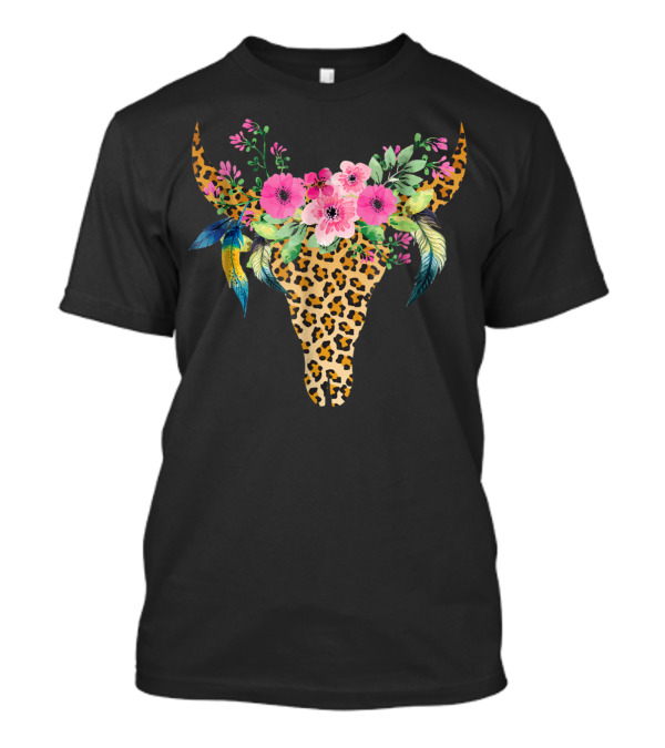 Mothers Day Leopard Bull Skull With Floral Crown And Feathers T-Shirt