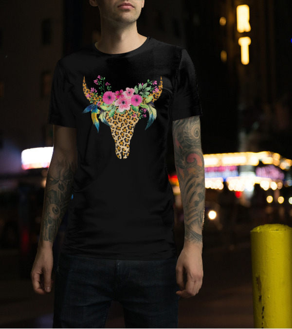 Mothers Day Leopard Bull Skull With Floral Crown And Feathers T-Shirt