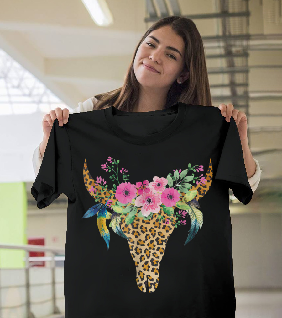 Mothers Day Leopard Bull Skull with Floral Crown and Feathers T-Shirt