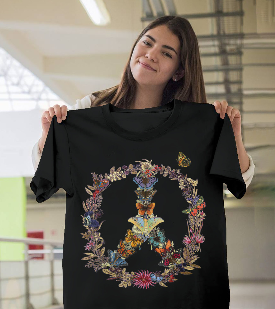 Peace Sign Butterflies Flowers 60S 70S Hippie Tn Floral Psychedelic Vintage Symbols T-Shirt