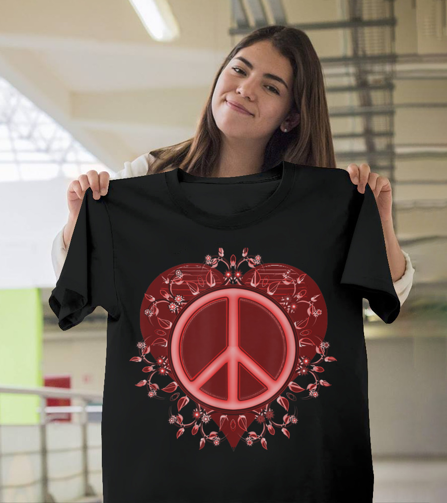 Peace Sign with Red Distressed Heart and Floral Accents T-Shirt