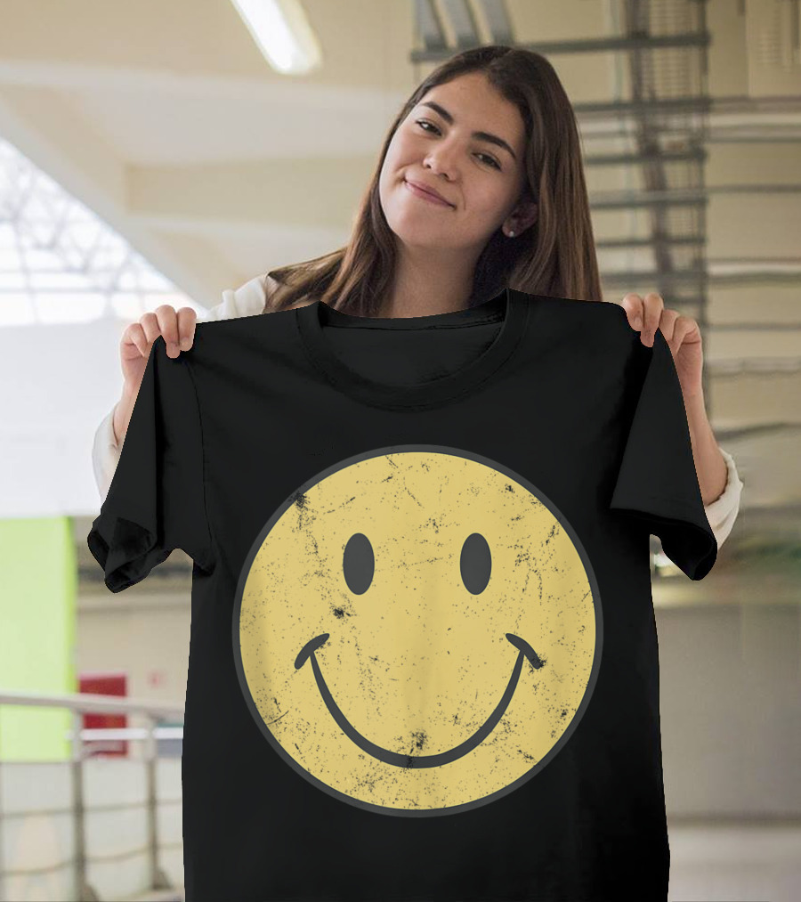 Retro 70s Distressed Yellow Smile Face T-Shirt