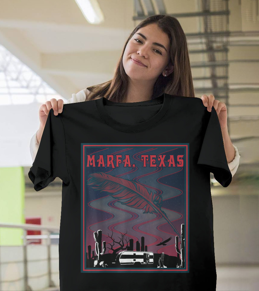Marfa Texas Night Cactus Feather Desert Scene T-Shirt
