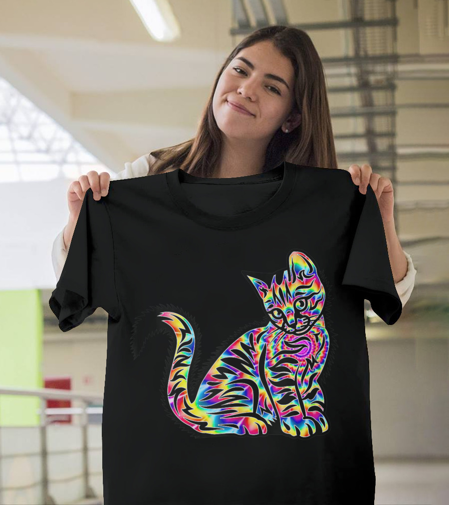 Trippy Rainbow Tie Dye Cat Fun Trendy Kitten T-Shirt