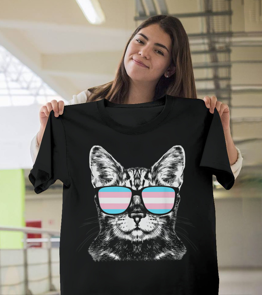 Cat with Sunglasses Featuring Transgender Pride Flag T-Shirt