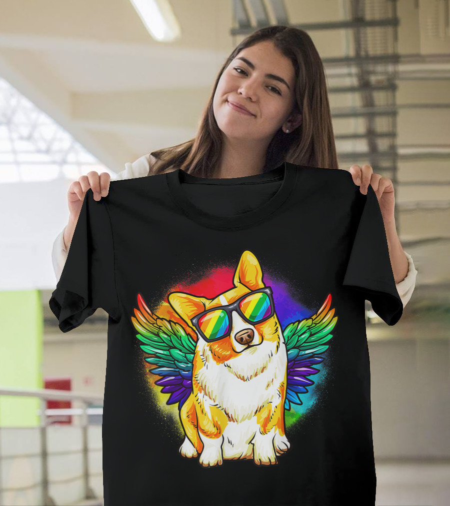 Corgi Dog Rainbow Wings Pride Sunglasses T-Shirt