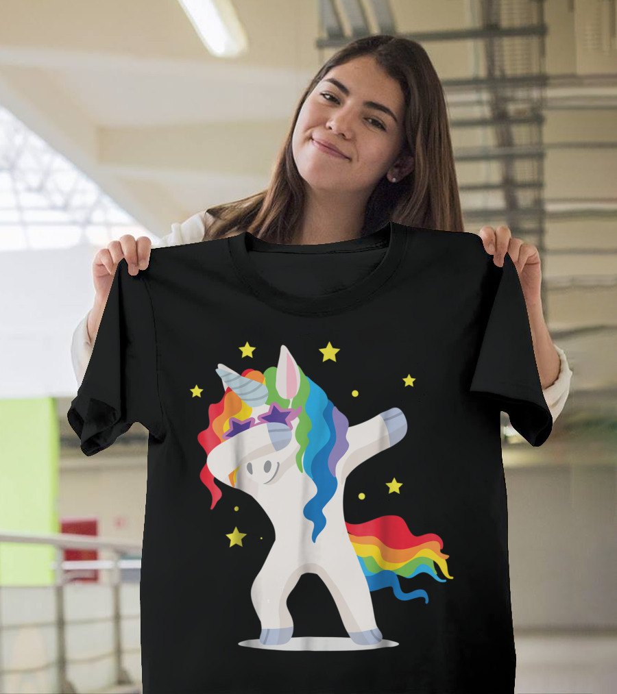 Rainbow Dabbing Unicorn Squad Girls Boys Stars T-Shirt