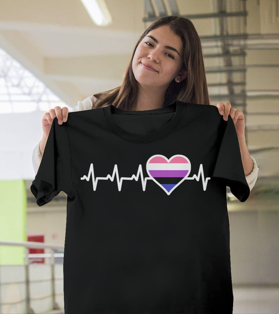 Genderfluid Nonbinary No Gender Fluid Heart with Heartbeat Lines T-Shirt
