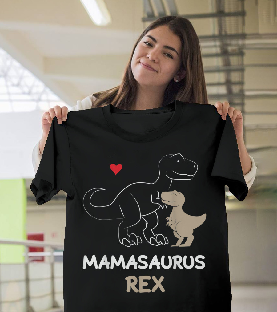 Mamasaurus Rex Dinosaur with Heart and Baby Dinosaur Outline T-Shirt