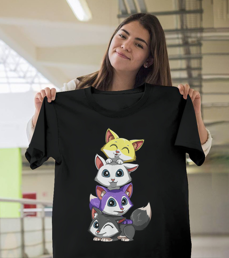 Nonbinary Foxes Transgender Enby Cute Stacked Cartoon Characters T-Shirt